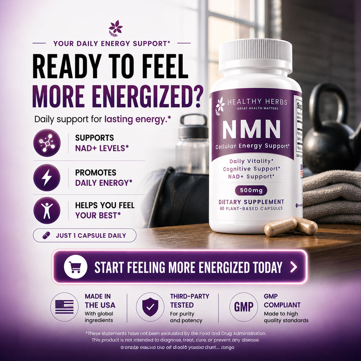 Healthy Herbs | NMN Cellular Energy Support* 500mg 60 Capsules
