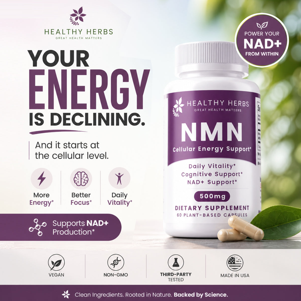 Healthy Herbs | NMN Cellular Energy Support* 500mg 60 Capsules
